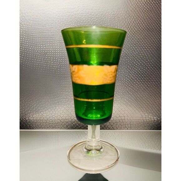 Vintage Green And Gold Italian Decanter And 5 Glasses Stunning! - Picture 5 of 6